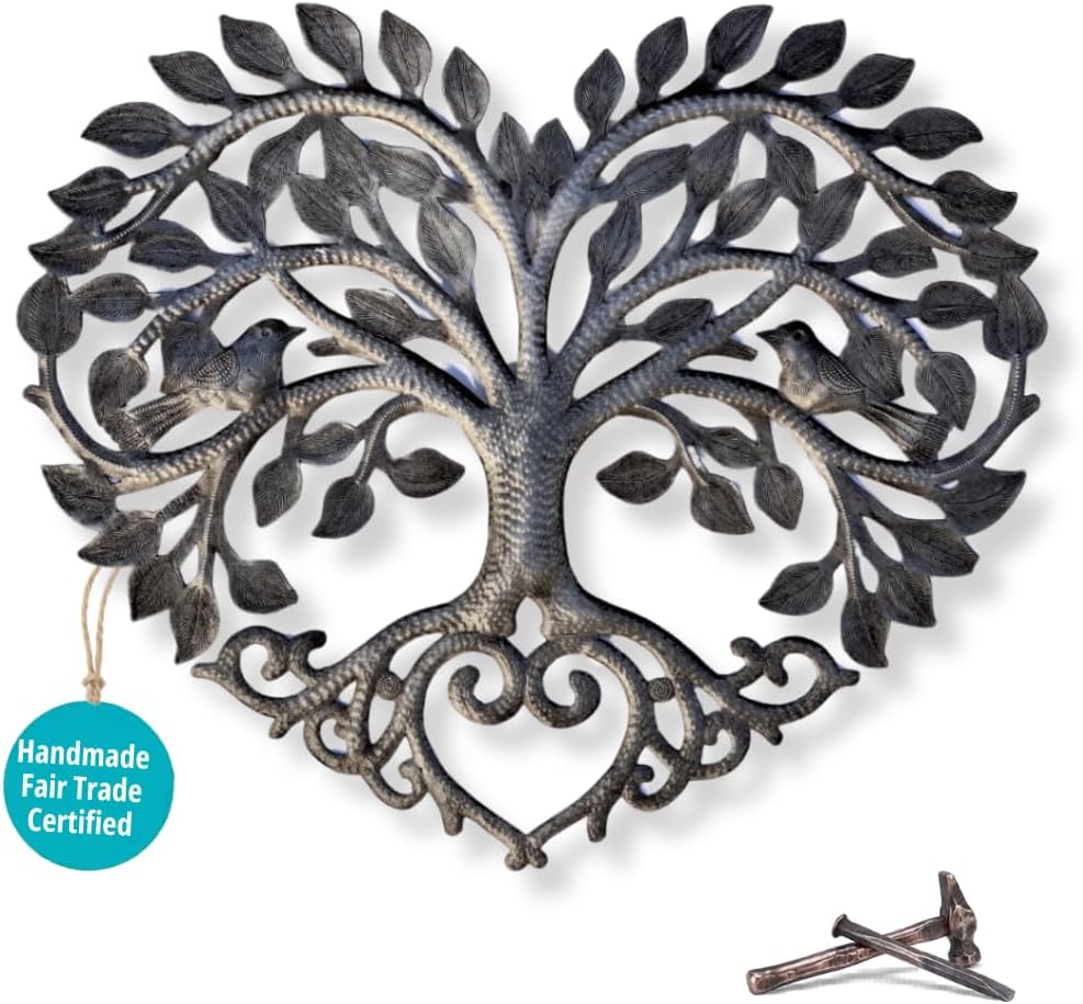 It's Cactus Metal Heart Shaped Tree of Life Decor, Wall Hanging Artwork, Handmade in Haiti, Celtic Family 17 X 16 Inches