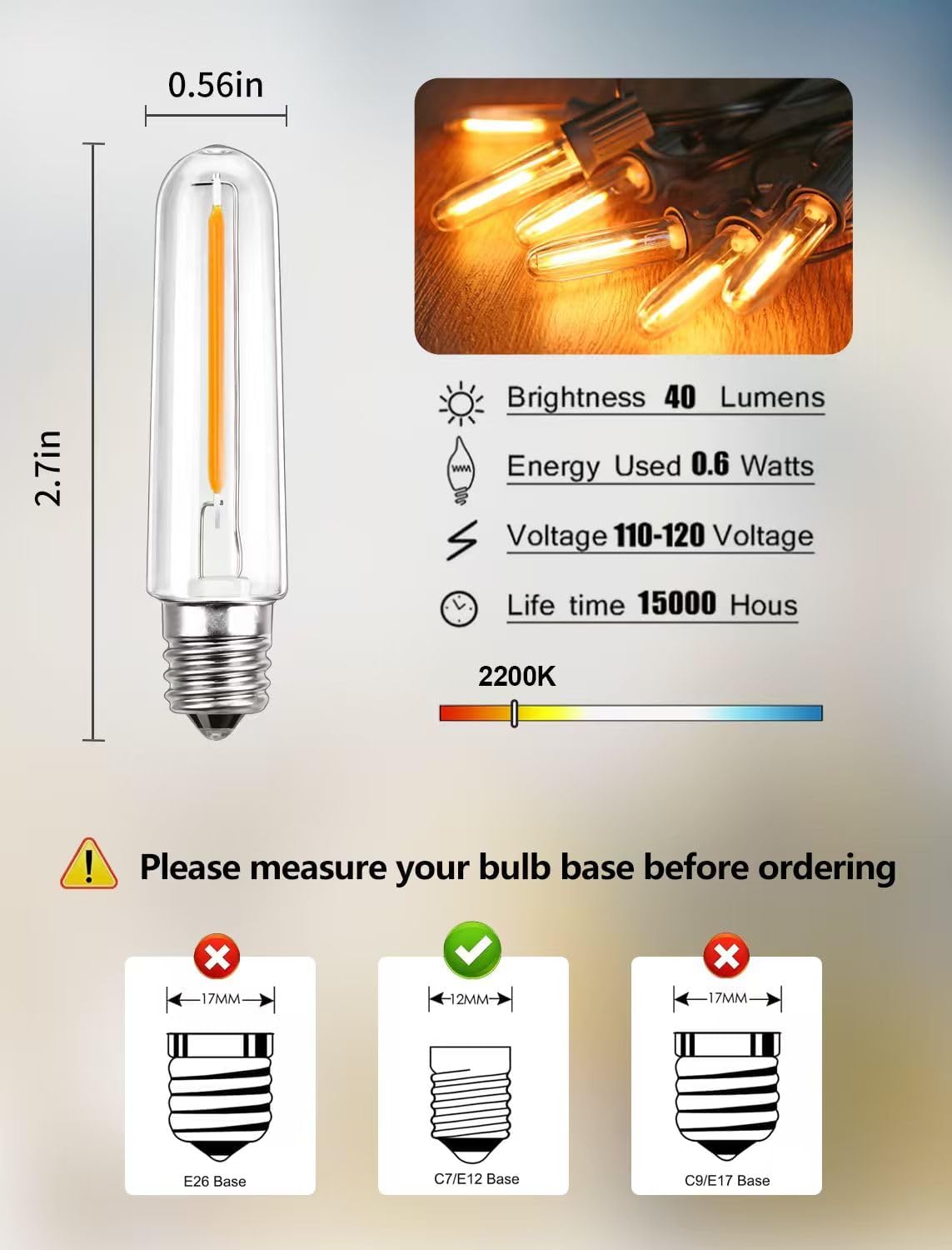 KGC 12 Pack LED T13 Replacement Light Bulbs for S14 Outdoor String Lights, 0.6W Night Lights Bulb Equivalent to 11W Incandescent Bulb, 2200K Warm White, E12 Candelabra Bulbs Dimmable