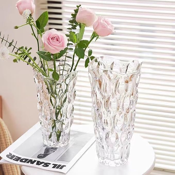 Luxury Tall Glass Vase, Premium Geometric Shape Flower Vase - White Textured Surface Home Decor, Decorative Modern Farmhouse, Ideal for Shelf, Mantle, Table & Entryway Decor, Clear