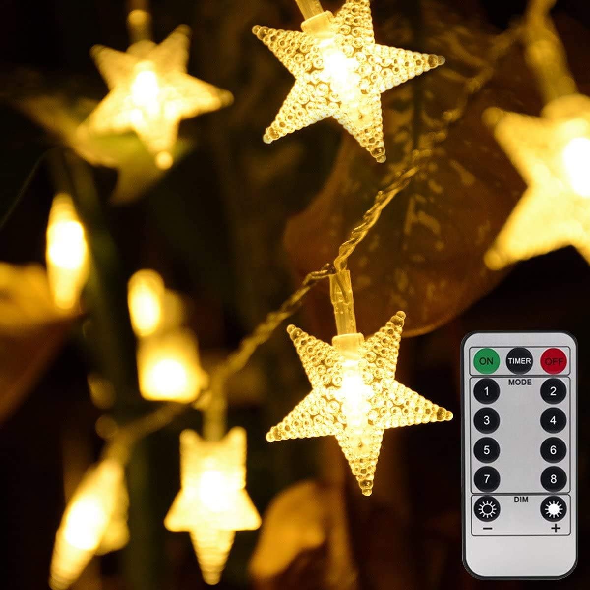 Warm White 50 Led Star Fairy Lights with Remote Control, Battery Powered Five-Pointed Star String Lights