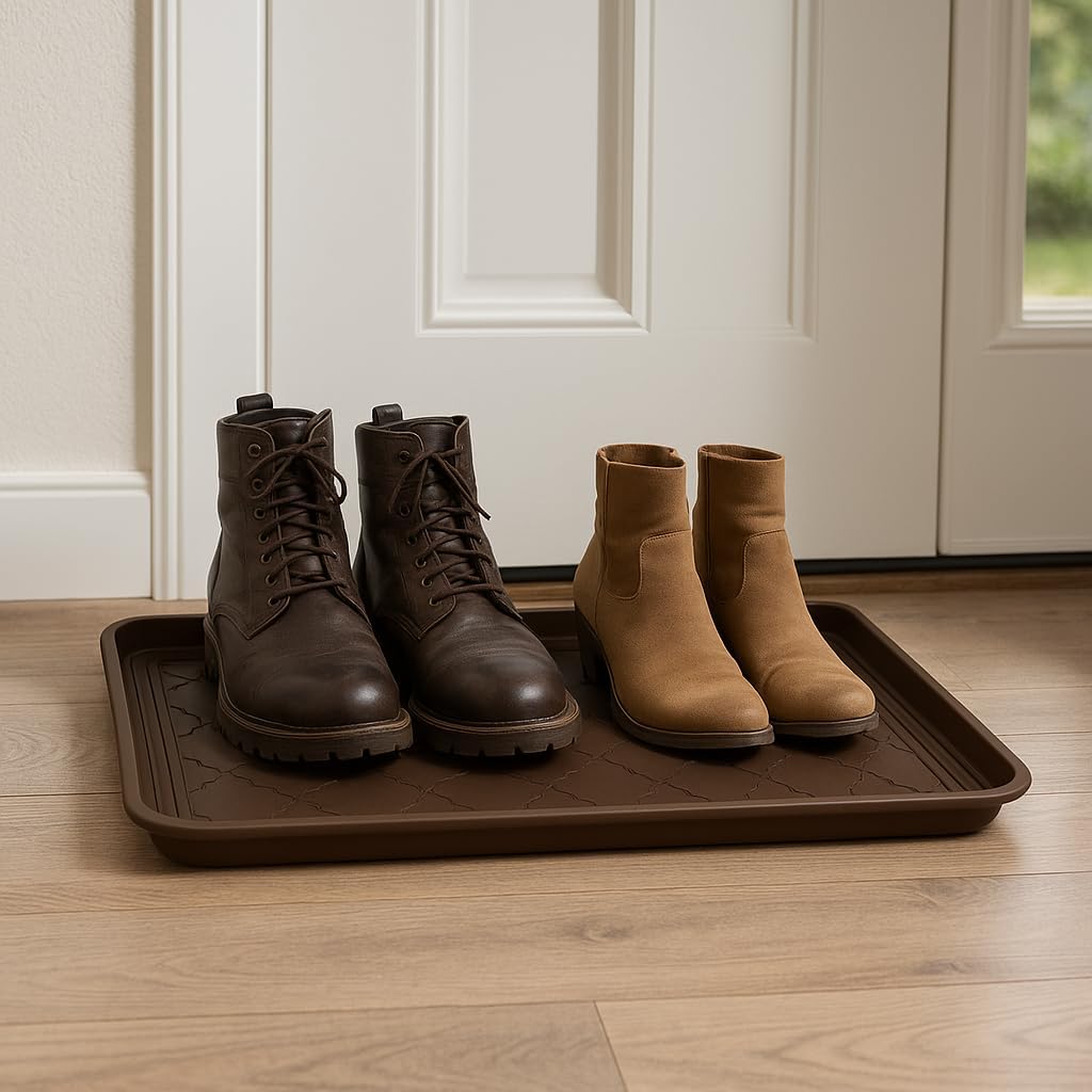 2-Pack Boot Trays for Entryway, Plastic Shoe Tray with Raised Edges (Brown)
