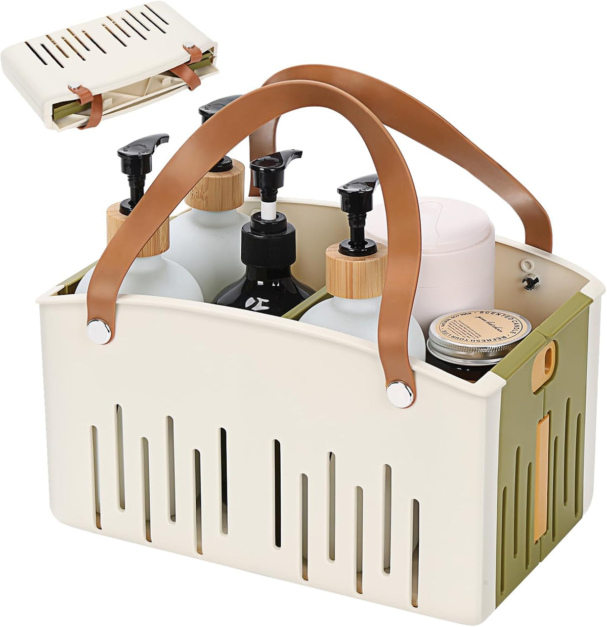 Portable Shower Caddy Collapsible Plastic Shower Basket Tote with Handles Removable Divider, Cleaning Caddy Storage Organizer for Bathroom College Dorm (Green)
