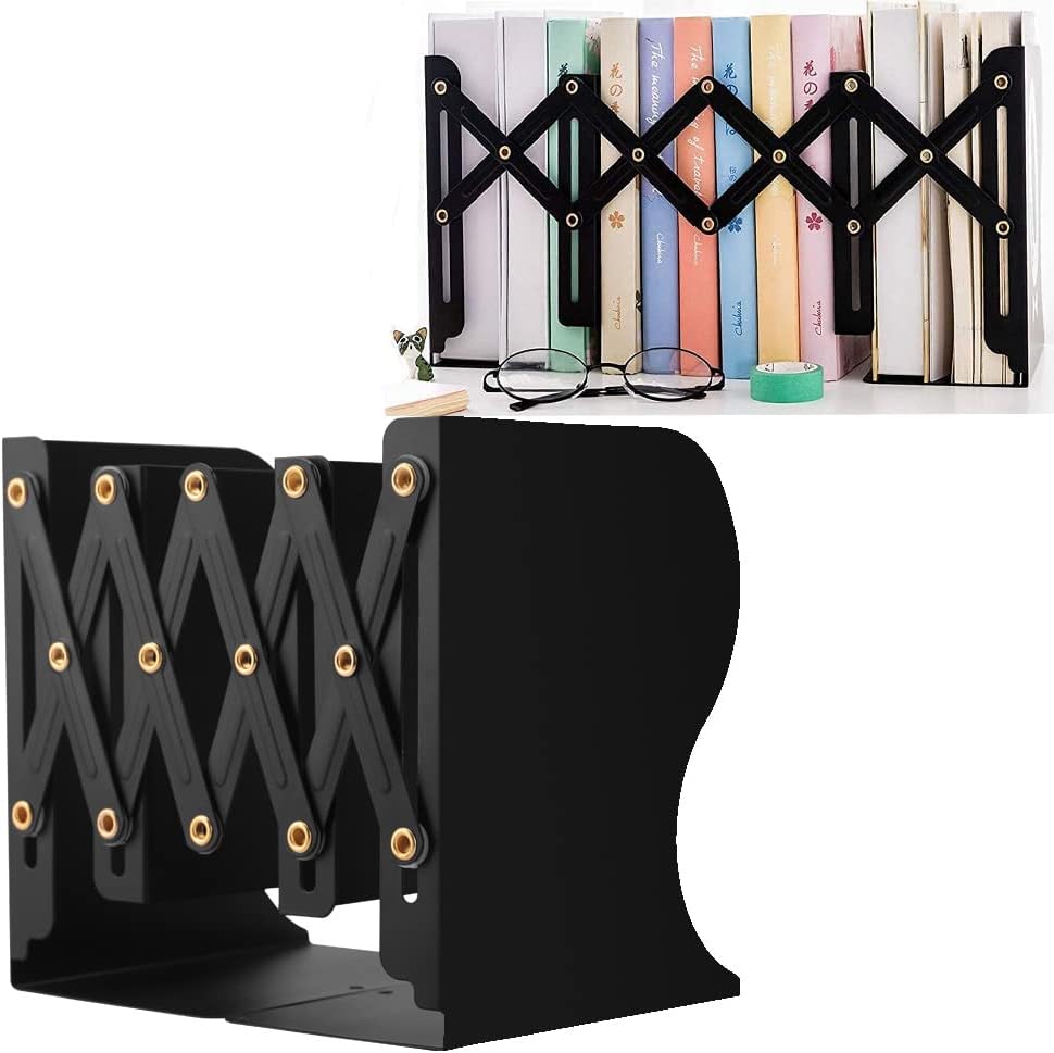 Metal Bookends for Heavy Books, Sturdy Book Stopper to Hold Books Heavy Duty, Adjustable Book Ends for Office & School (Black)