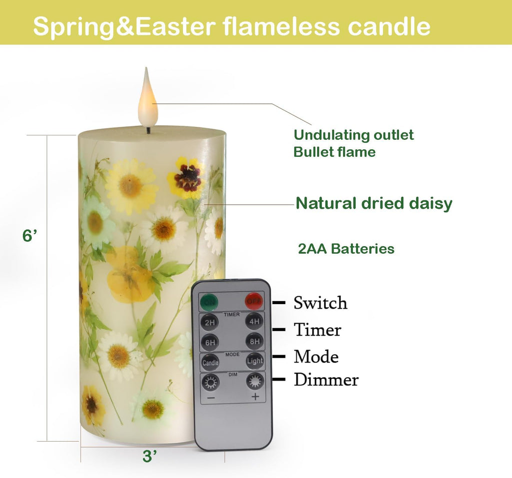 Spring Flameless Candles 3"x6" Real Wax LED Pillar Candles Real Daisy Floral Battery Operated with Remote Timer Flickering Candles Decor for Easter Mothers Day Home Table Mantel Indoor Decor