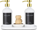 Ronasip Set of 5 Kitchen Soap Dispenser Set 16 Oz Glass Hand Dish Soap Dispenser with Stainless Steel Pump, Cement Tray, Dish Scrub Brush for Farmhouse Rustic Home Bathroom Decor (White)