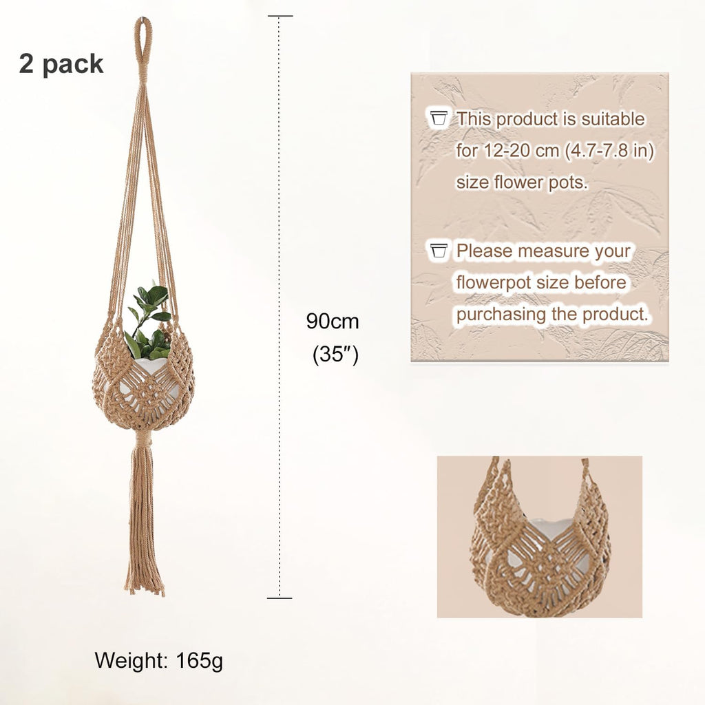 2-Pack Macrame Plant Hangers, Jute Hanging Planters for Indoor Plants for up to 8 Inch Pot Hanging Baskets Boho Plant Holder Basket for Outdoor Home, Handwoven, 35 Inchs