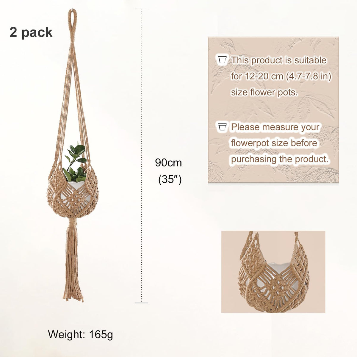 2-Pack Macrame Plant Hangers, Jute Hanging Planters for Indoor Plants for up to 8 Inch Pot Hanging Baskets Boho Plant Holder Basket for Outdoor Home, Handwoven, 35 Inchs