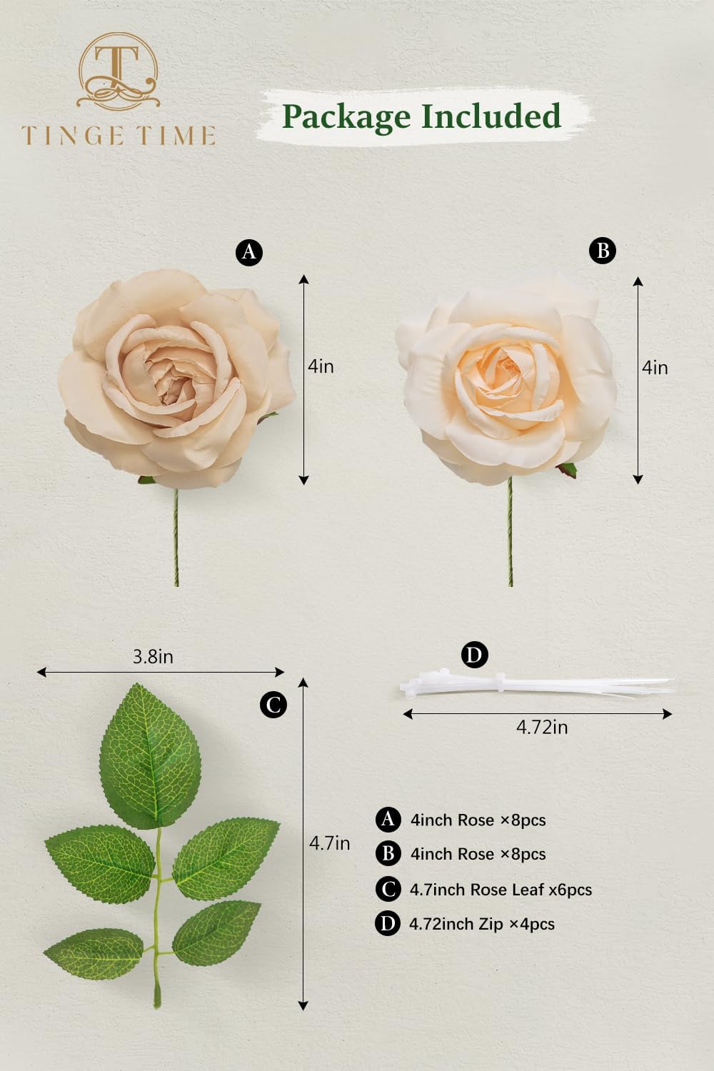 TINGE TIME Champagne Artificial Flowers Combo Box Set, 16PCS Fake Rose Silk Flower w/Stem for DIY Wedding Bouquets Centerpieces Baby Shower Party Home Spring Decoration (Champagne & Beige)