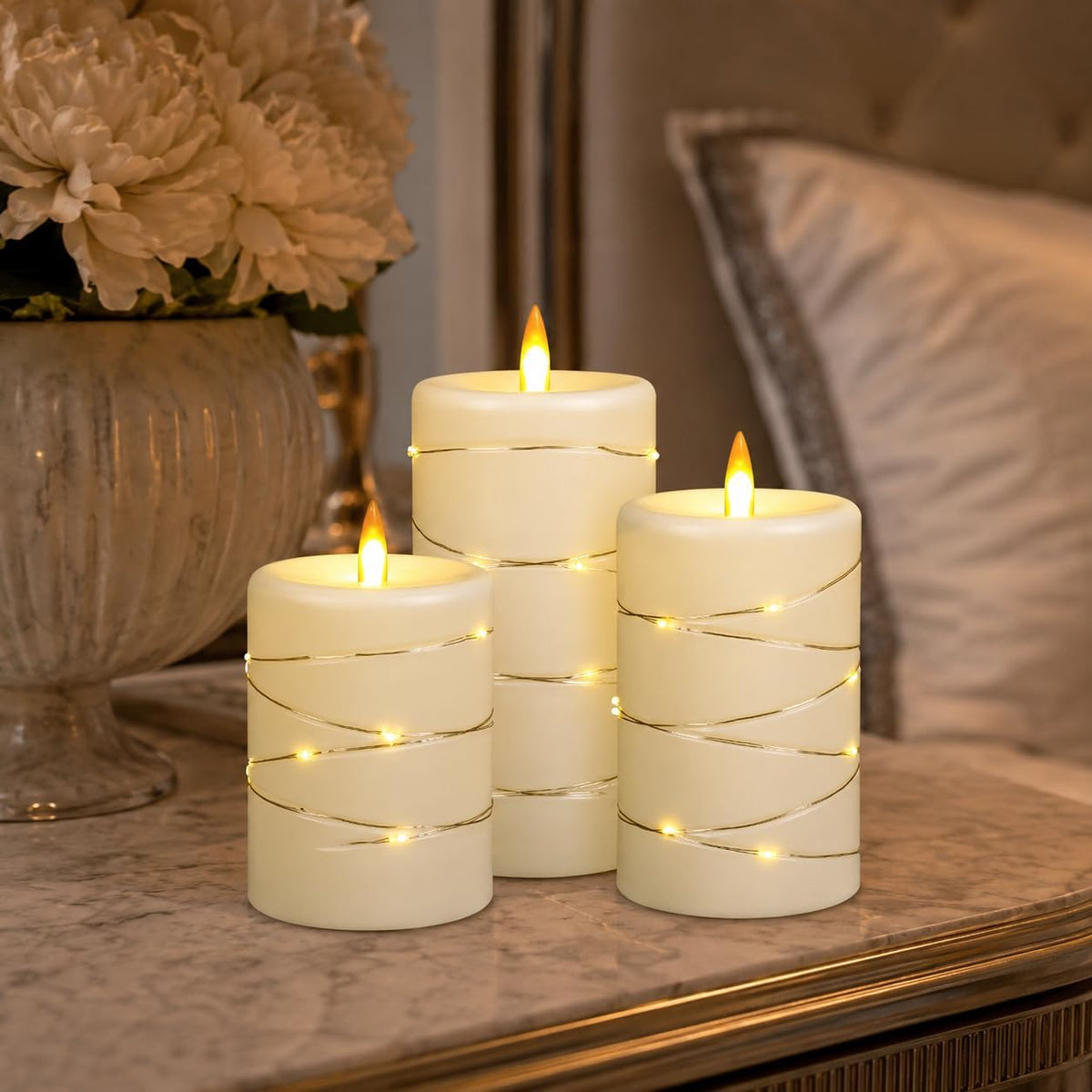 Upinmz Flickering Flameless Candles with String Lights, Battery Operated Candle, LED Pillar Fake Candle with Remote Control and Timer -3 Pack Ivory White