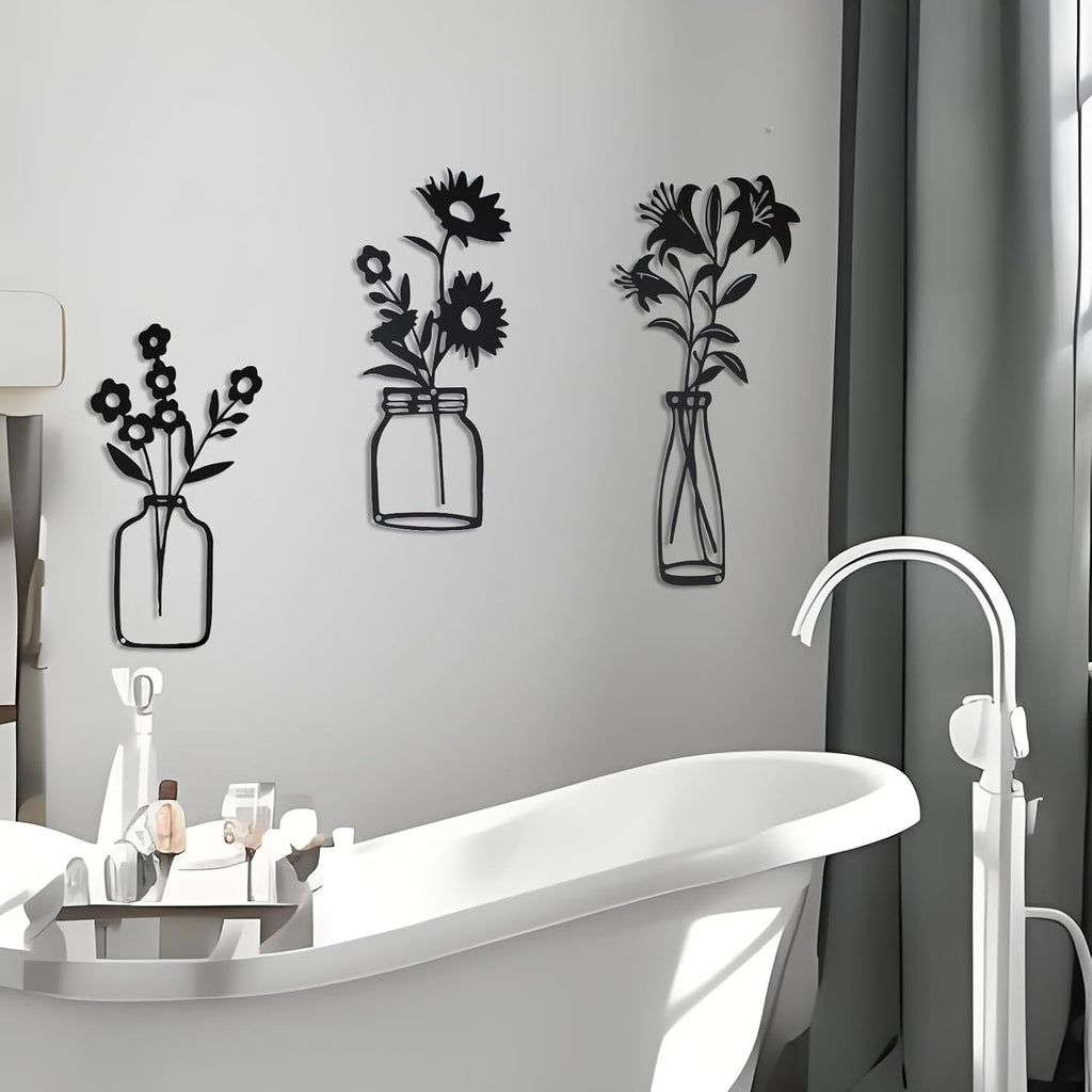 QZGXDECO Black Metal Flower Wall Decor,Metal Vase Wall Art,Minimalist Floral Wall Sculptures,Hanging Decor for Kitchen Dining Room Living Room Bathroom Bedroom(11.5'' X 3PCS)