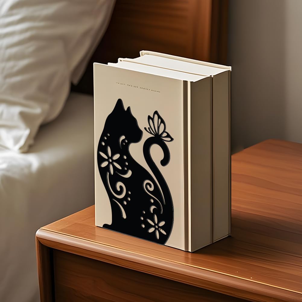 WADORN Cat Flowers Metal Bookends for Shelves Decorative 1 Pair, Animal Heavy Duty Books End Support Non-Skid Book Holder Black L-Shaped Book Stopper for Home Office Desk Book Divider, 4.7x3.5x7 Inch