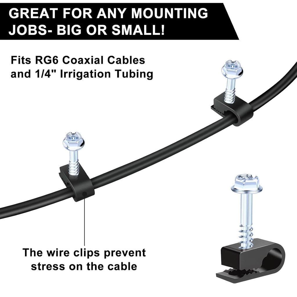 Cable Clips with Screws Fastener 1/4 Inch (6 mm) - All Weather Wire Clips for Coaxial, Ethernet,Electrical Cables,Brick/Stucco Siding Clips, UV-Resistant for Outdoor Wall Mount,100 Pack,Black