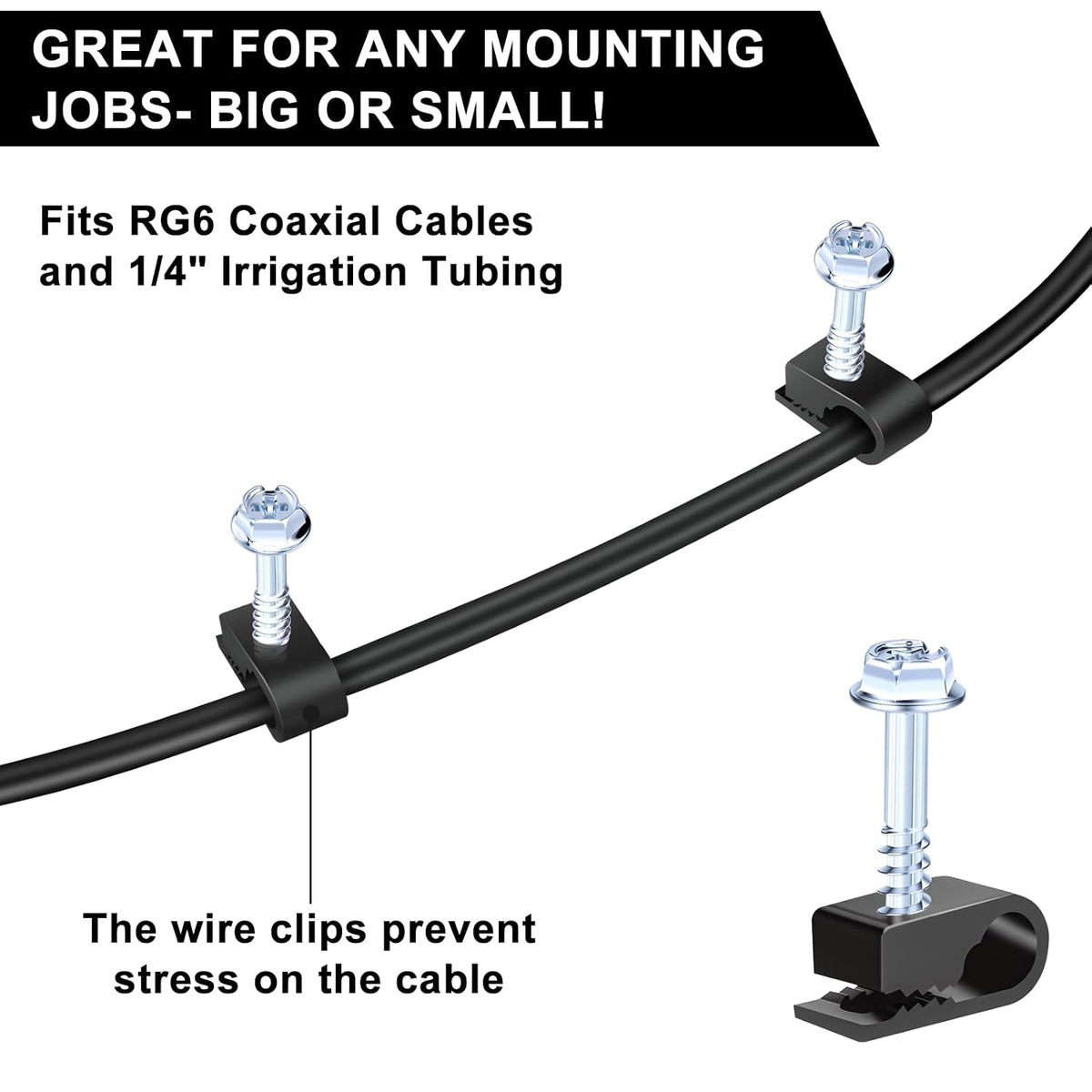Cable Clips with Screws Fastener 1/4 Inch (6 mm) - All Weather Wire Clips for Coaxial, Ethernet,Electrical Cables,Brick/Stucco Siding Clips, UV-Resistant for Outdoor Wall Mount,100 Pack,Black
