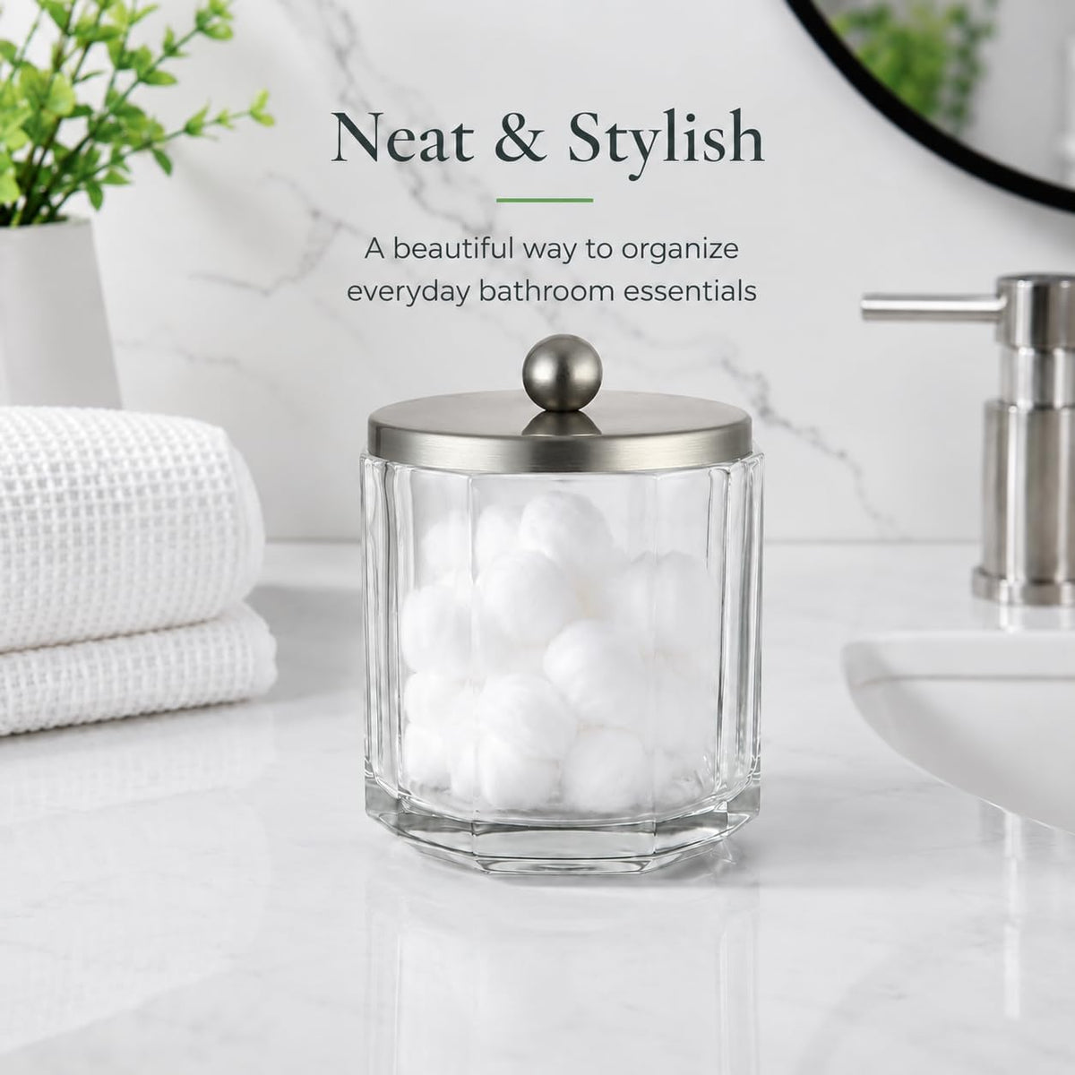 Clear Transparent Apothecary Octagional Shaped Glass Canister Jar With Satin Nickel Metal Lid Cover for Bathroom Organization, Cotton Balls, Q Tips, and Small Accessories, Bath Storage