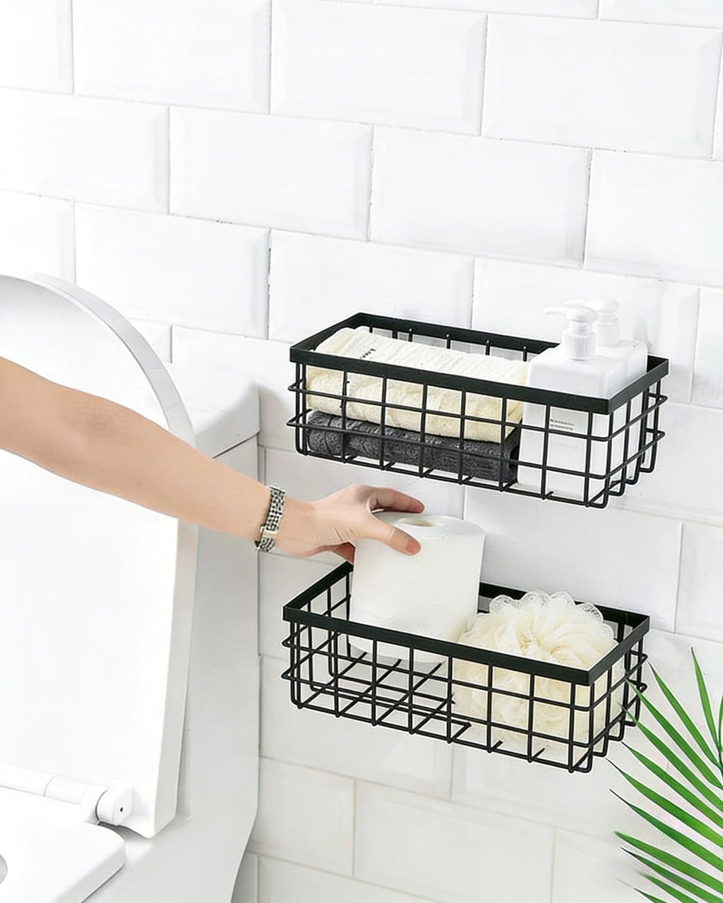 2PCS Adhesive Metal Wire Wall Storage Organizer Hanging Baskets Black M+L