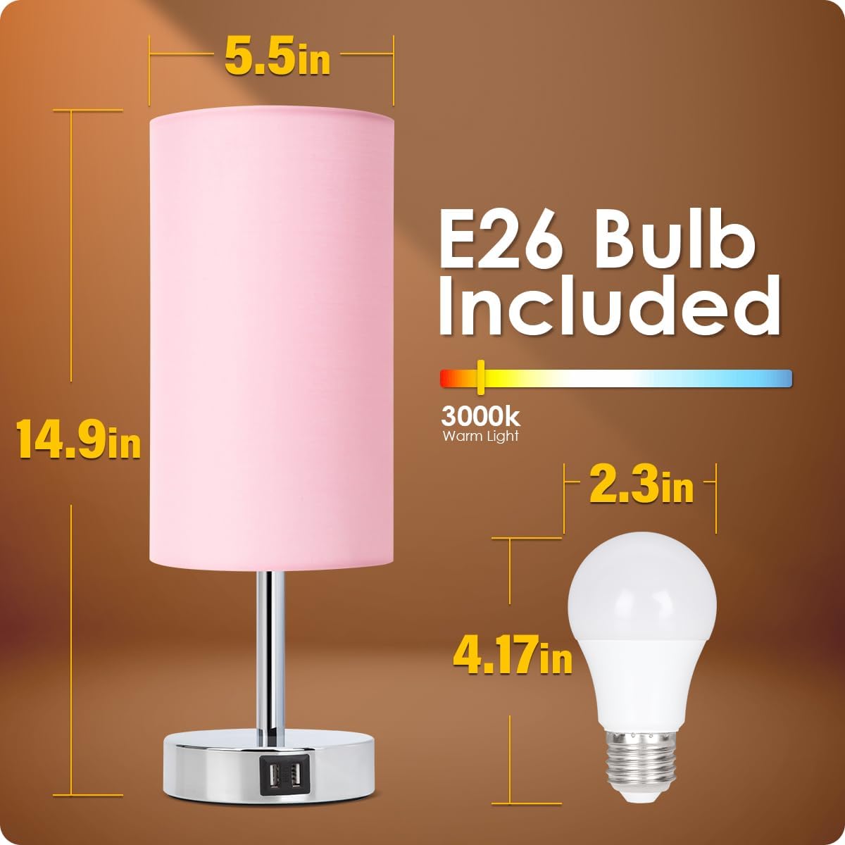 Yarra-Decor Bedside Lamp with USB Port - Touch Control Table Lamp for Bedroom 3 Way Dimmable Nightstand Lamp with Round Pink Fabric Shade for Living Room, Dorm, Home Office (LED Bulb Included)