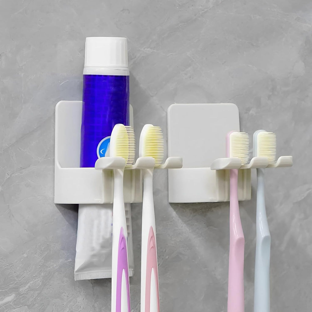 2 PCS Self-Adhesive Toothbrush Holders Wall Mounted, Water Proof Toothbrush Hook, 3 in 1 with Toothbrush Hanger Toothpaste Holder and Gargle Cup Holder for Bathroom Shower (White)