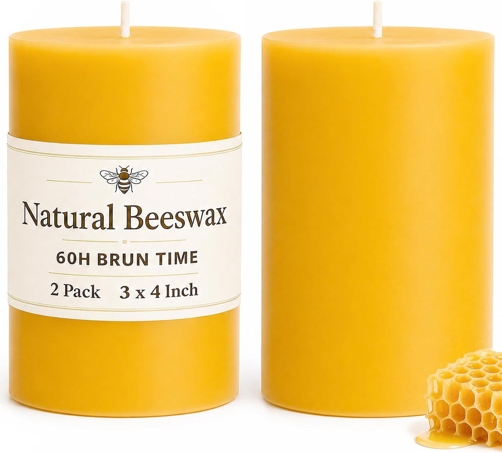 Beeswax Pillar Candles Bulk,Non-Toxic, 3X 4inch 2 Packs 60 Hours