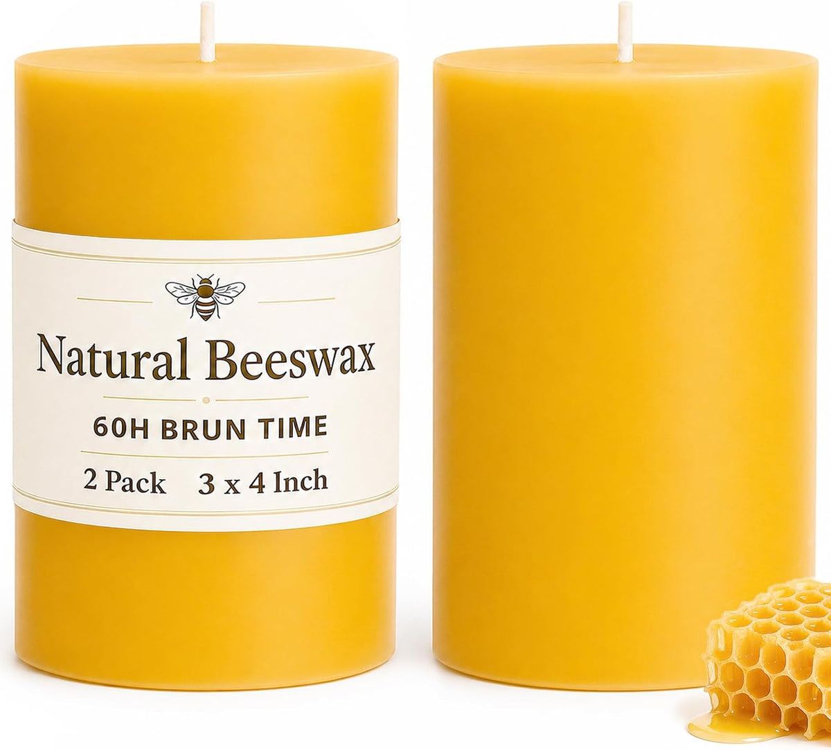 Beeswax Pillar Candles Bulk,Non-Toxic, 3X 4inch 2 Packs 60 Hours
