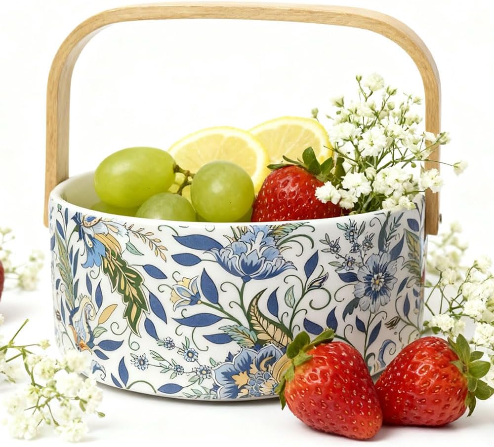 Ceramic Candy Bowl with Wood Handle Candy Dish Wedding Decorative Serving Bowl,Christmas Gift,Kitchen Dining Table Office Decor(White)