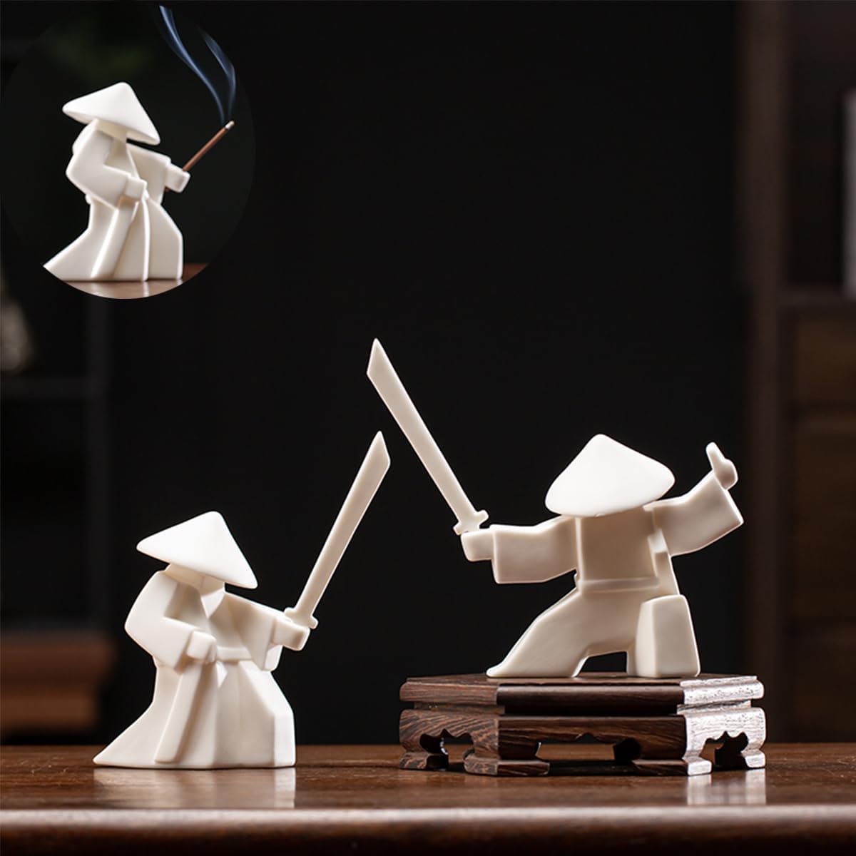 EAEMDY Samurai Figure Figurine Japanese Warrior Statue Decor for Table Room, Incense Holder for Stick Burner Incense Stick Holder, Kongfu Tea Pet Decoration (2. White A+B)