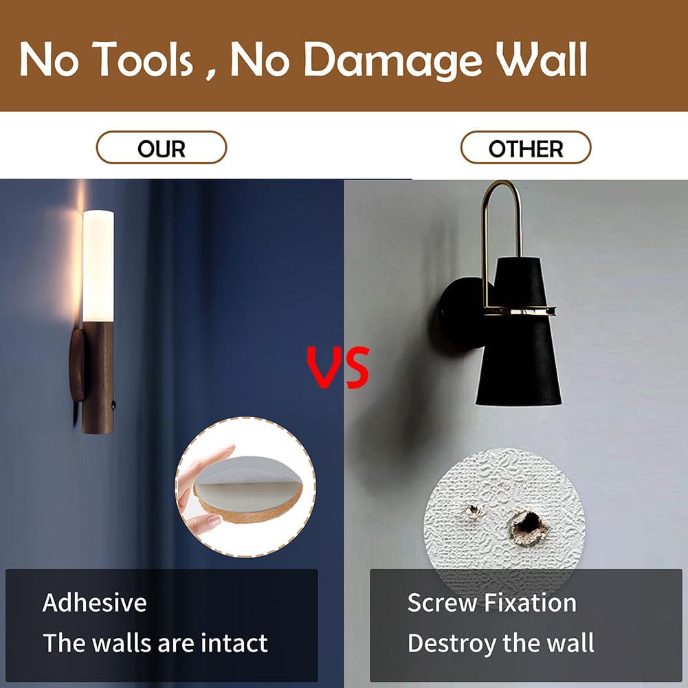 LANDGOO Wooden Motion Sensor Night Light 2-Pack, Ash Wood, Rechargeable