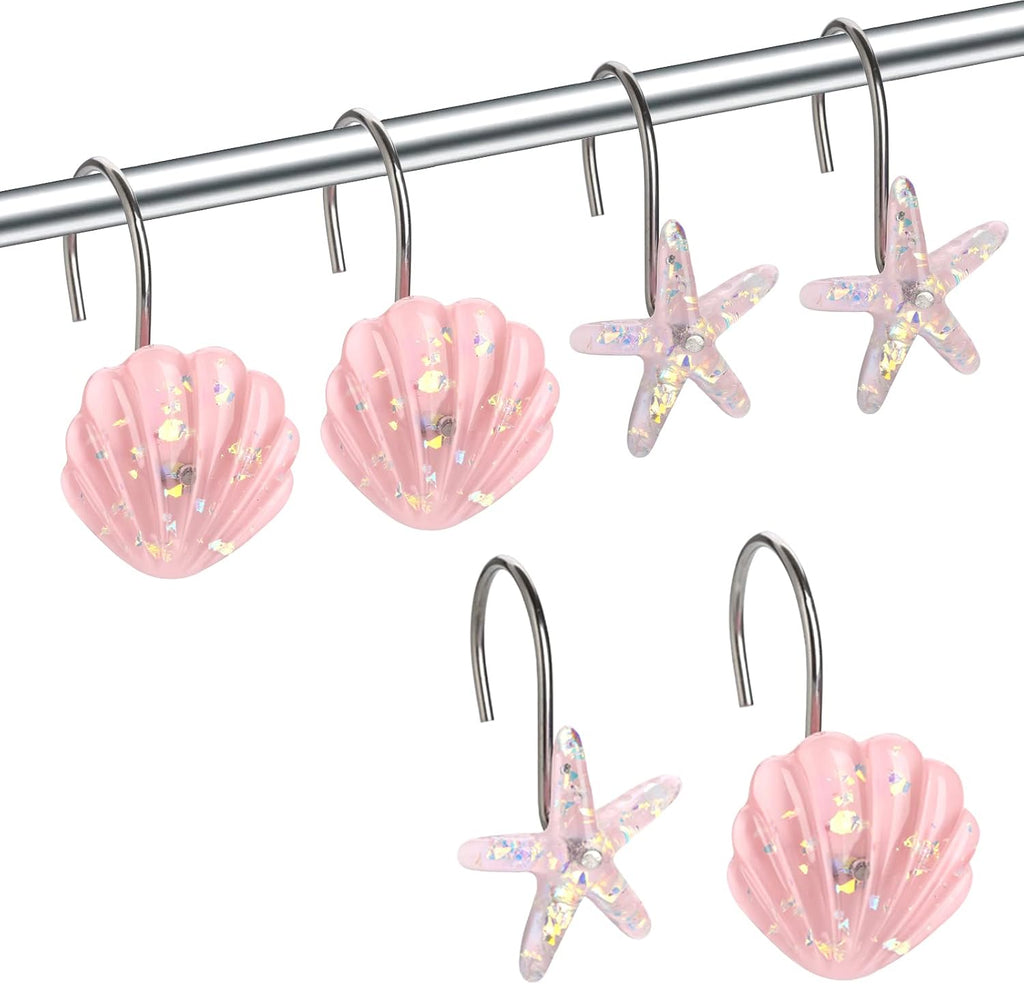 Seashell Shower Curtain Hooks, 12PCS Stainless Steel Anti Rust Starfish and Seashell Decorative Shower Hooks Ocean Theme Shower Curtain Hooks for Home Bathroom (Pink Seashell)