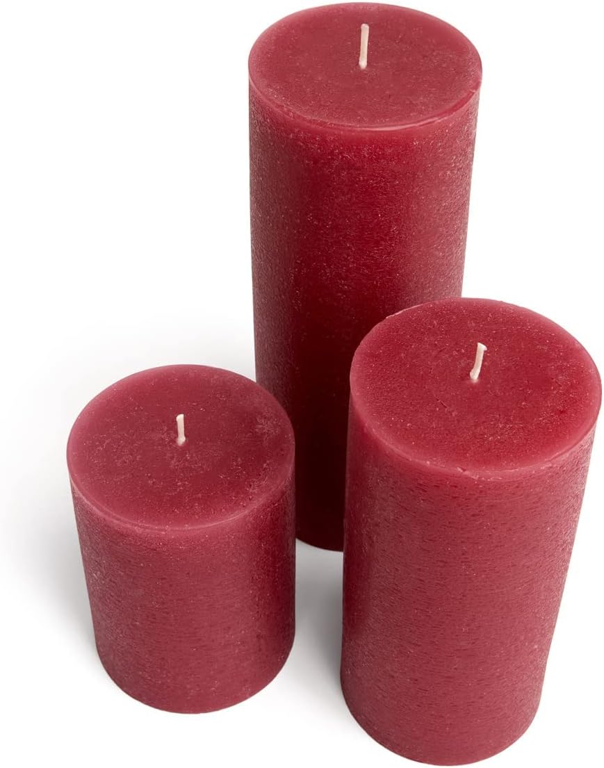 BASK Mottled Pillar Candles - Unscented Burgundy Candles Set of 3 - Dripless, Smokeless for All Occasions