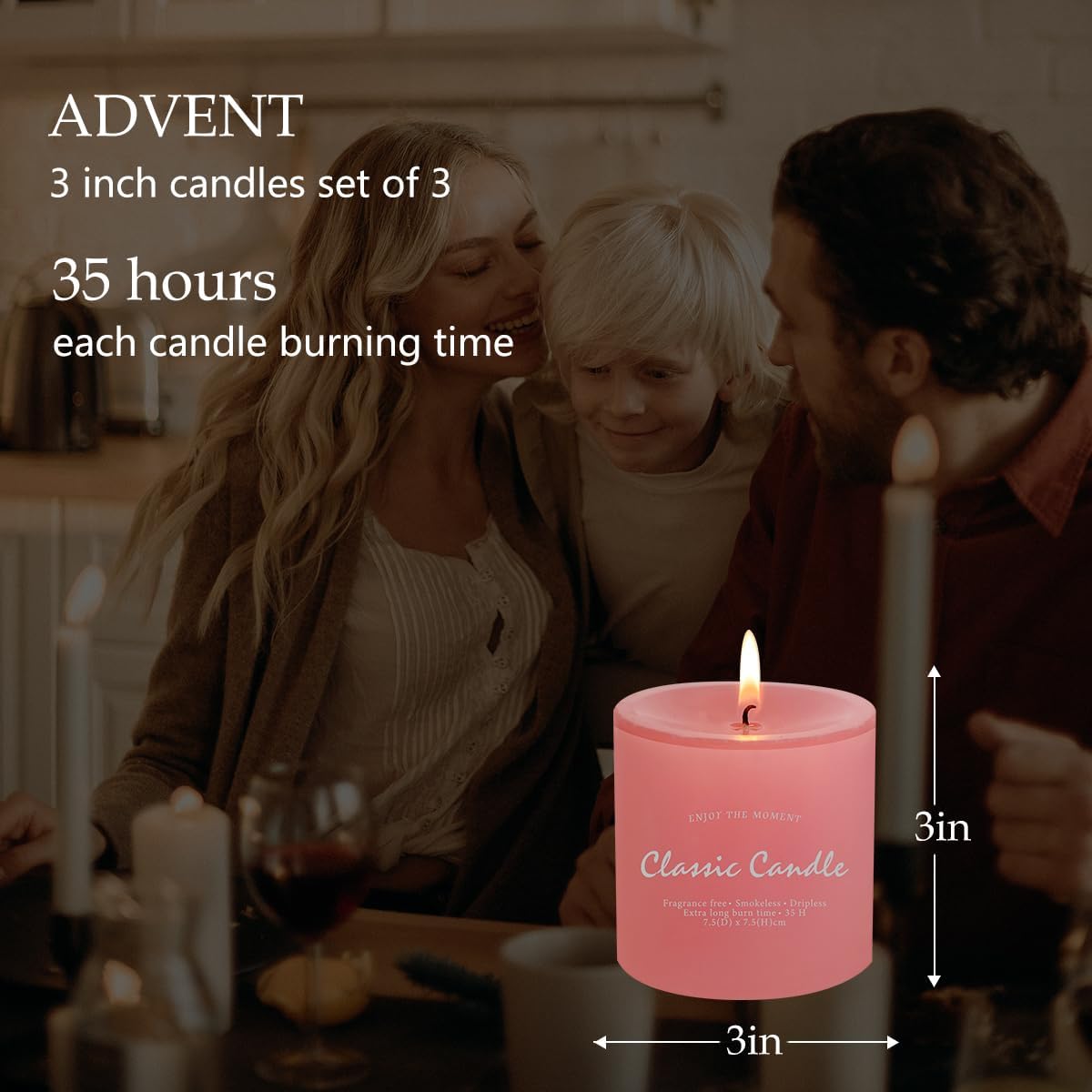 Set of 3 Pink Pillar Candles 3" x 3" Unscented for Weddings Home Holidays Relaxation Spa Church