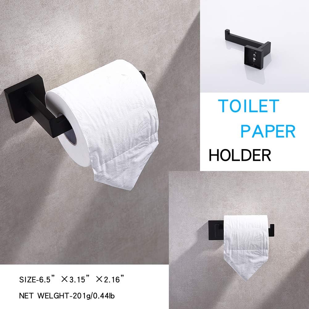 TASTOS 3-Piece Bathroom Hardware Set Matte Black Wall Mounted Bathroom Accessory Set, Premium Stainless Steel Robe Hook Toilet Paper Holder 16-Inch Towel Bar (Black)