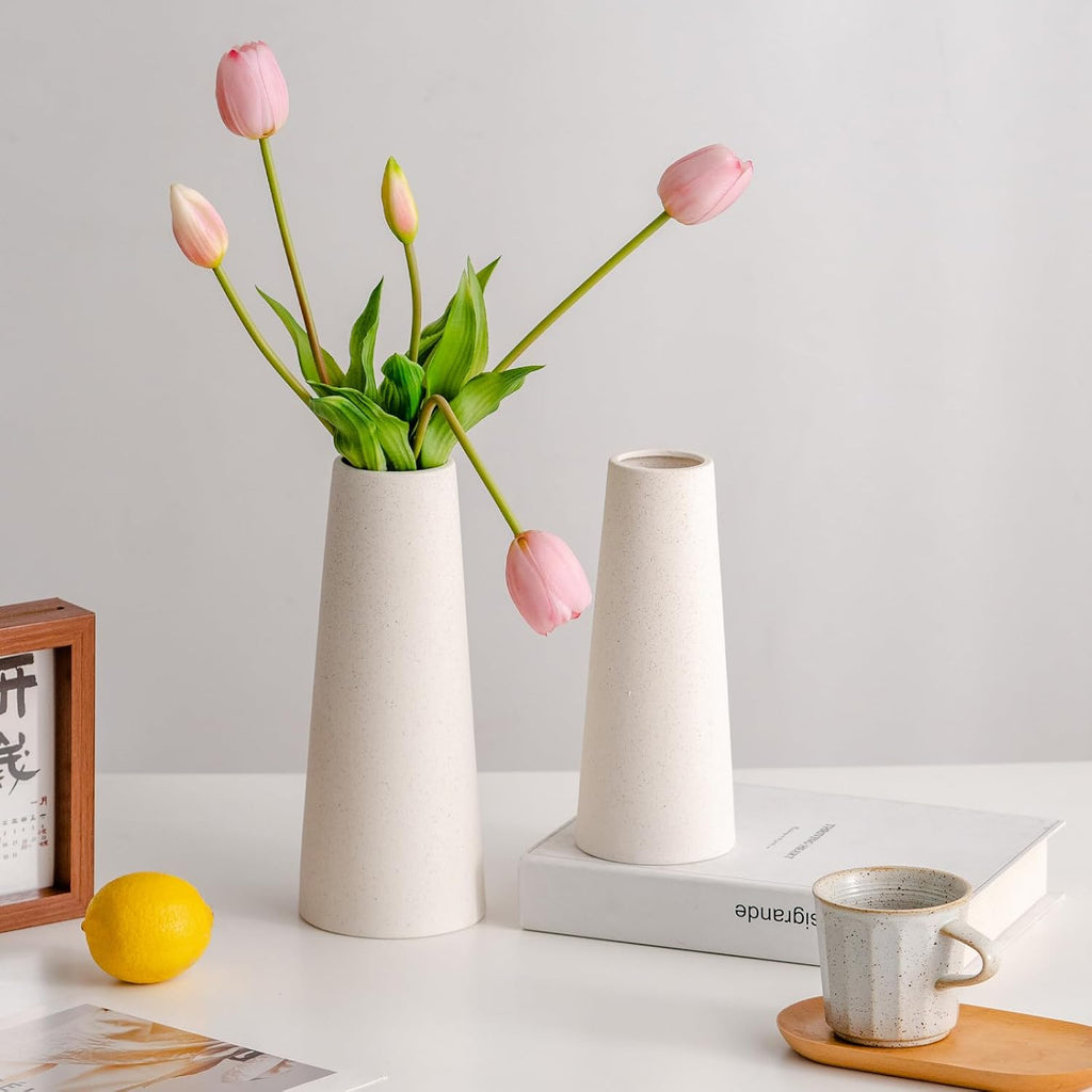 White Ceramic Vase - 10 Inch Rustic Table Vase for Centerpieces and Home Office Decor - Creamy White (Pack of 2)