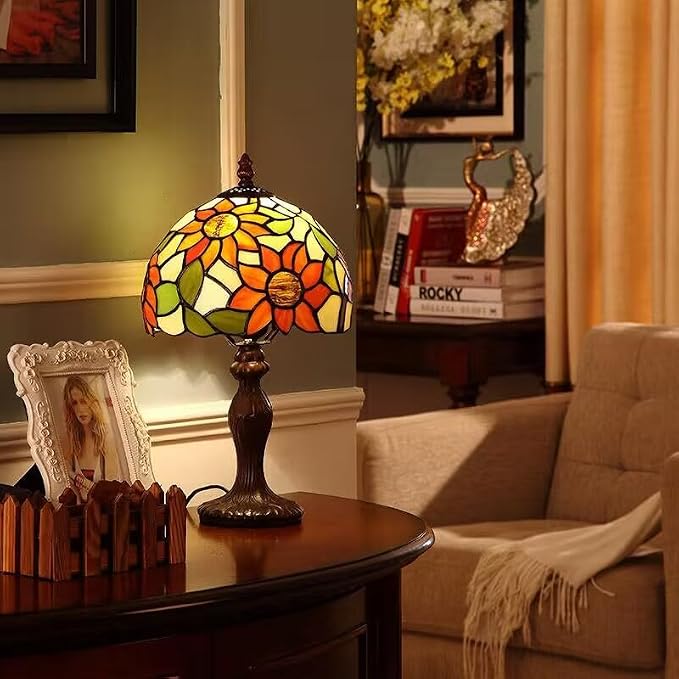 Tiffany Table Lamp,3 Color-Temperature Sunflower Stained Glass Lamp,8X8X15 Inch Small Accent Antique Nightstand Bedside Table Lamps for Bedroom Living Room Home Office Light +LED Bulb
