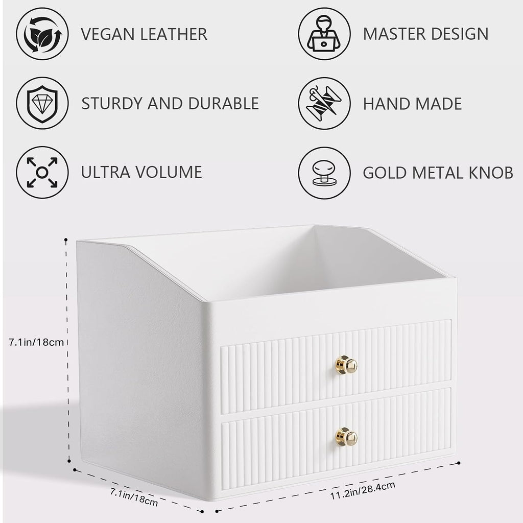LADSTAG Desk Organizer,Beige White Vegan Leather Desk Accessories & Workspace Organizers with 2 Drawers & Tray,Key Holder with Gold-Tone Metal Accents knob，Jewelry Box,Nightstand
