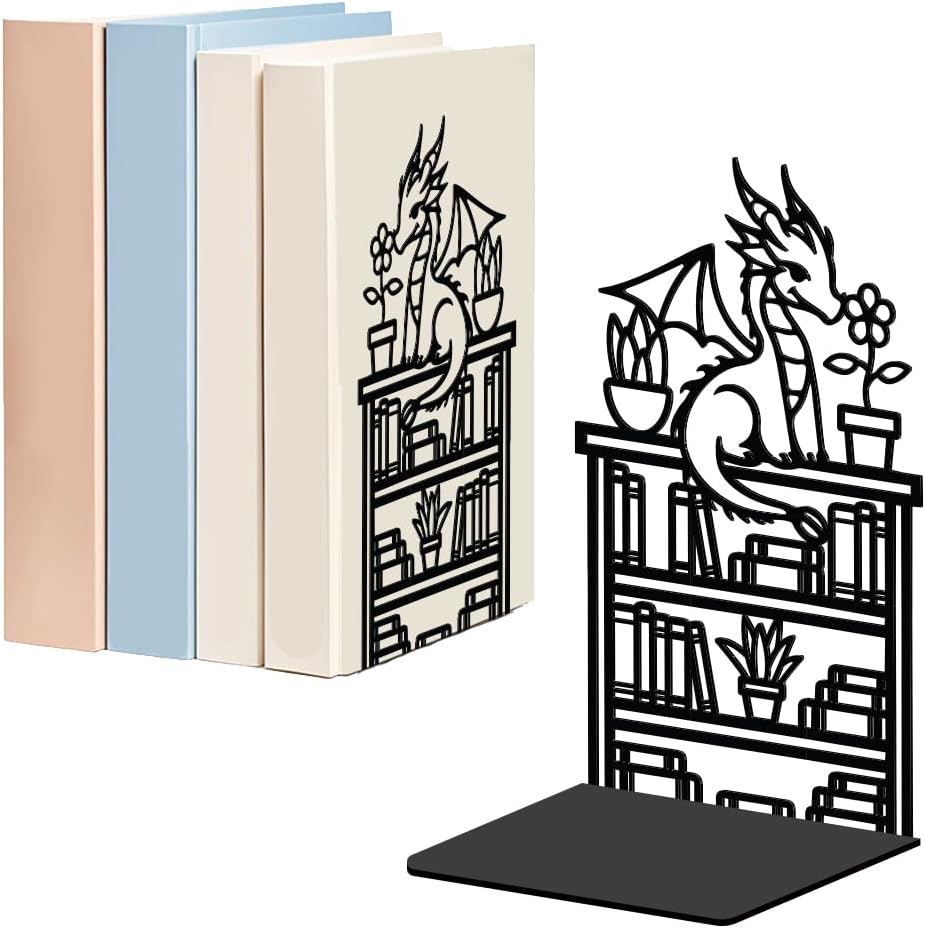 WADORN Dragon Reading Book Metal Bookends for Shelves Decorative 1 Pair, Heavy Duty Books End Support Non-Skid Book Holder Black L-Shaped Book Stopper for Home Office Desk Book Divider, 4.7x3.5x7 Inch