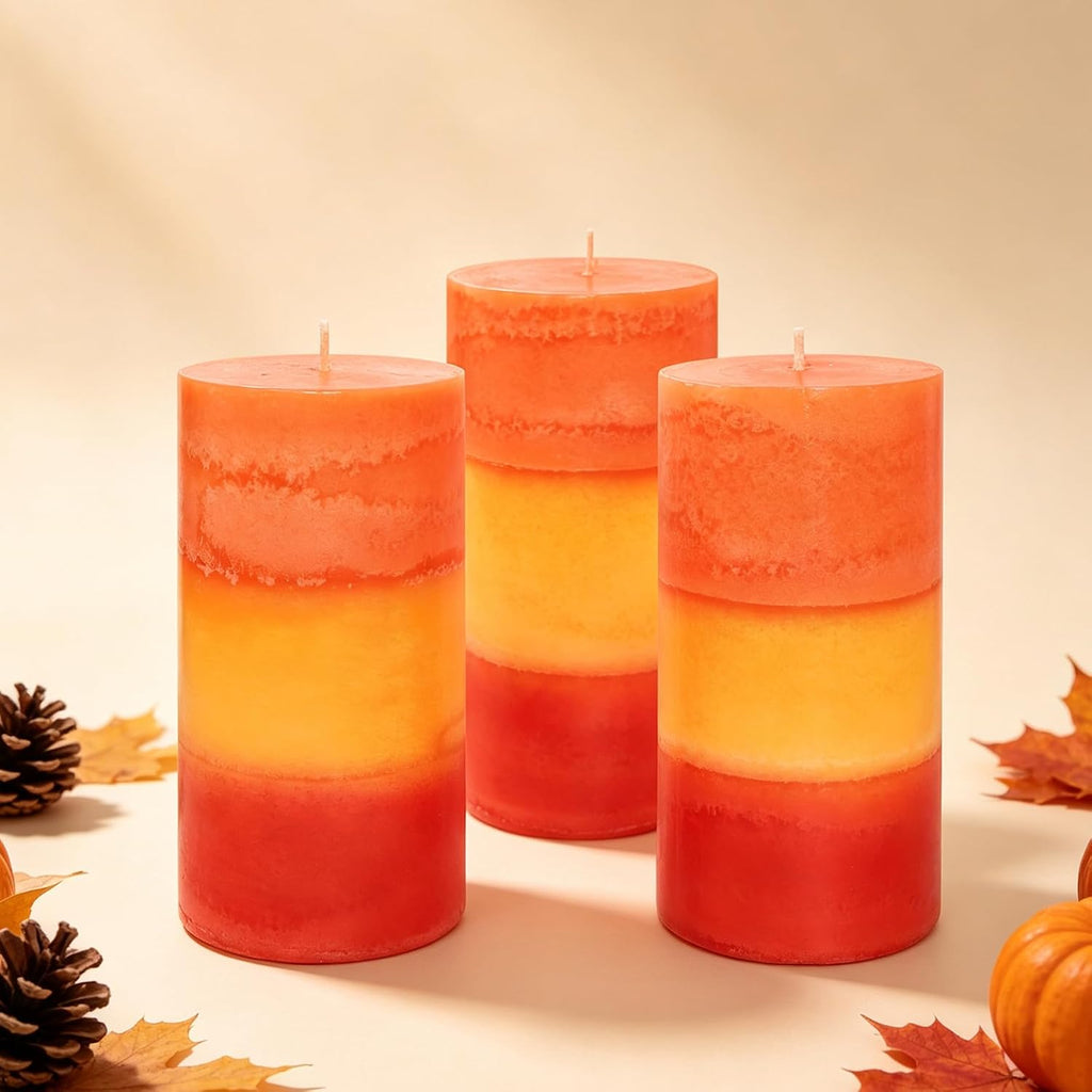 3×6 Inch Orange Pillar Candles, Pumpkin Scented Pillar Candles - Long Burning 70+ Hours, Dripless & Smokeless, Aromatherapy Candles for Thanksgiving Fall Décor, Set of 3