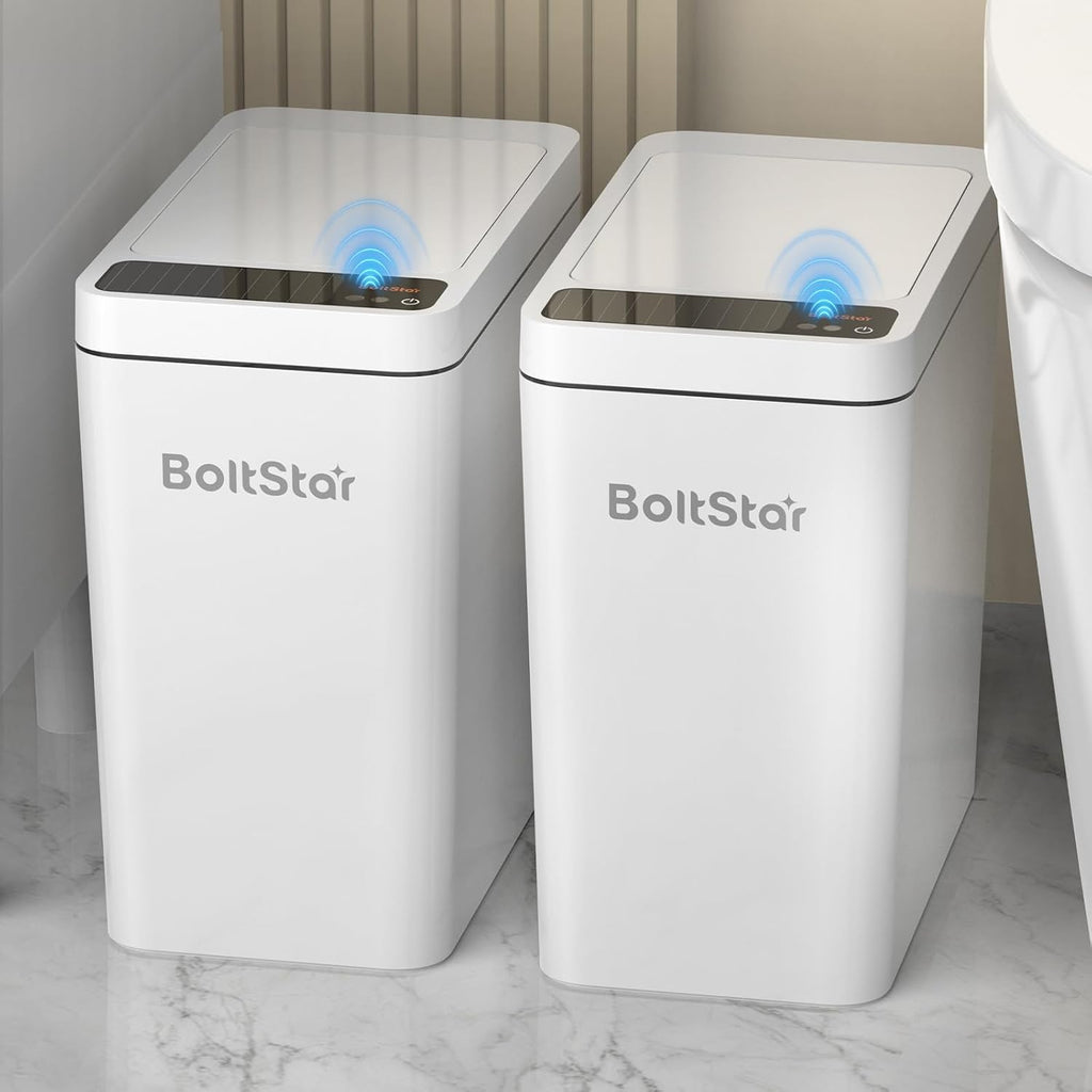 Solar Automatic Bathroom Trash Can: 2 Pack 2.6 Gallon Small Motion Sensor Garbage Can, No Charging Required, Slim Smart Touchless Trash Bin with Lid for Bedroom, Living Room, Office, RV, White