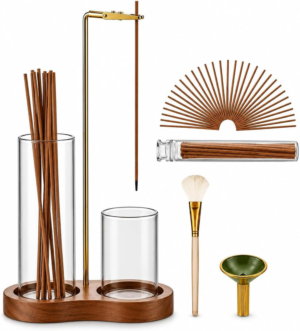 Incense Holder, 3 in 1 for Sticks with Detachable Anti-Ash Flying Incense Burner with Glass Ash Catcher andSticks Organizer Handmade Wooden Tray for Meditation Yoga Room Decor Package