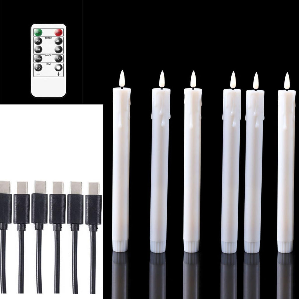 Pack of 6 Decorative Rechargeable White Taper Candles with USB Charge Warm White Light 10 Inch,Remote Flameless Christmas LED Window Candlesticks,25.5 cm Plastic Wedding Candles with Timer
