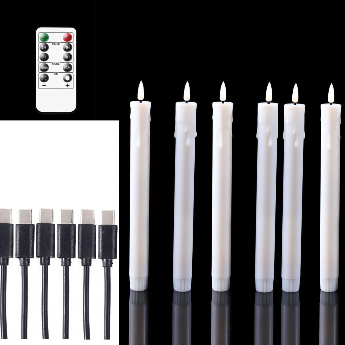 Pack of 6 Decorative Rechargeable White Taper Candles with USB Charge Warm White Light 10 Inch,Remote Flameless Christmas LED Window Candlesticks,25.5 cm Plastic Wedding Candles with Timer