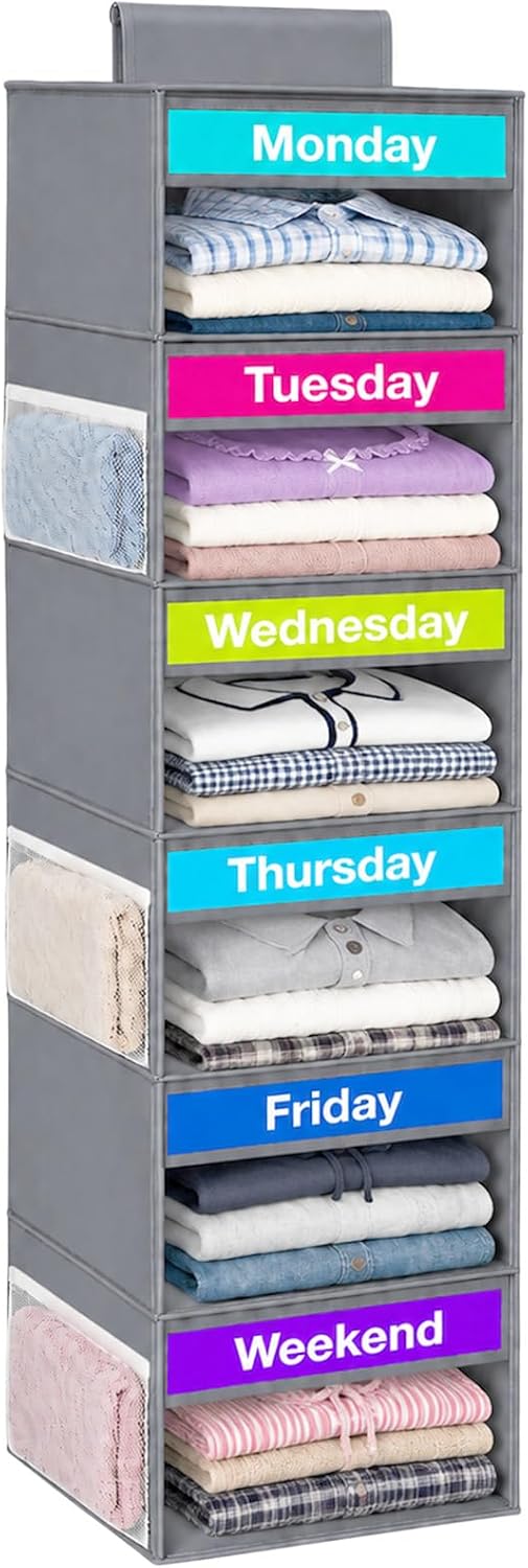 6-Shelf Weekly Clothes Organizer for Kids Days of The Week Outfit(Grey)