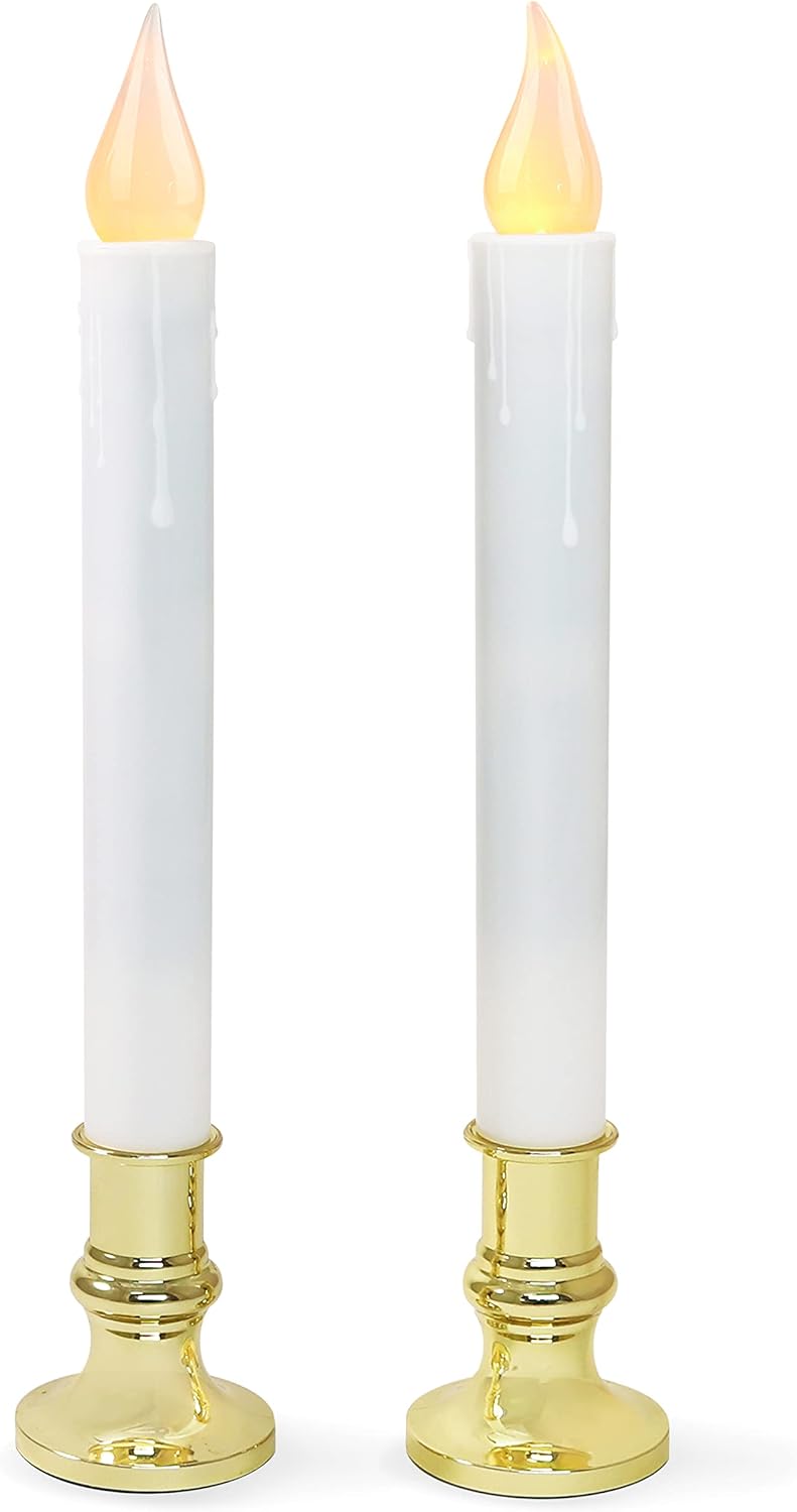 FURORA LIGHTING White 9.9" LED Taper Candles with Gold Holders, 2-Pack