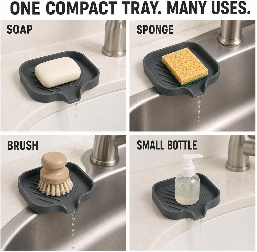 Silicone Soap Dish with Drain Spout, Self-Draining Soap Holder for Kitchen Sink & Bathroom, Non-Slip Silicone Sink Tray for Soap, Sponge, Brush & Dispenser, Dishwasher Safe, Gray (4.8"x3.8")