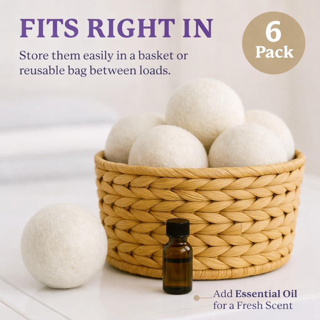 Wool Dryer Balls 6-Pack Set | Natural Fabric Softener Alternative | Reusable Laundry Balls | Eco Friendly Static Reduction