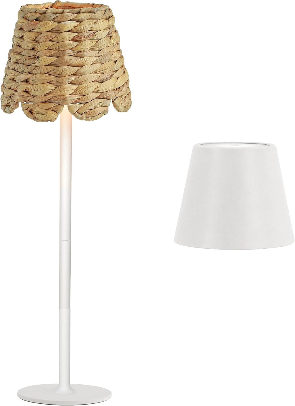 Cordless Rechargeable Table Lamp with Bohemian Wicker Water Hyacinth Lampshade, Battery Powered Top Touch Table Light with 3 Color Stepless Dimming for Patio Restaurant (White)