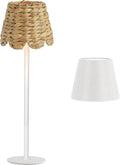 Cordless Rechargeable Table Lamp with Bohemian Wicker Water Hyacinth Lampshade, Battery Powered Top Touch Table Light with 3 Color Stepless Dimming for Patio Restaurant (White)