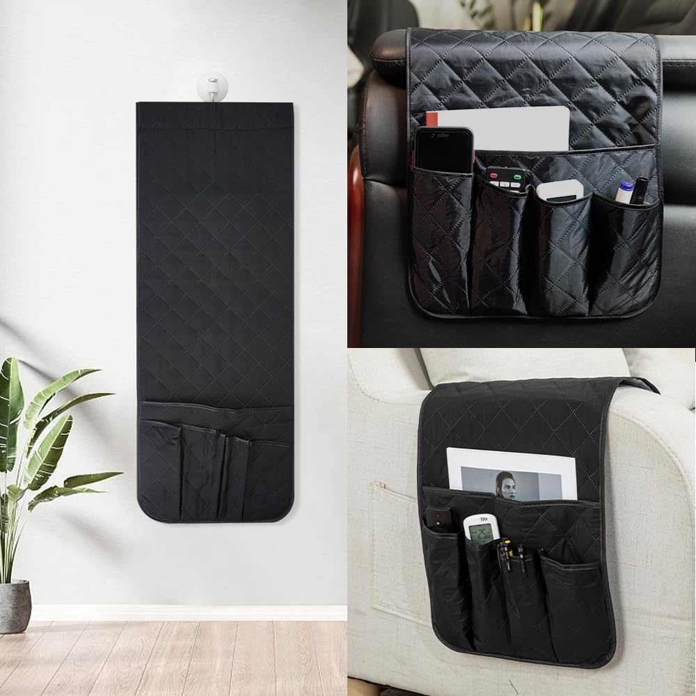 RETON Sofa Armrest Organizer 5 Pockets & 8 Hook‑and‑Loop Fasteners (Black)