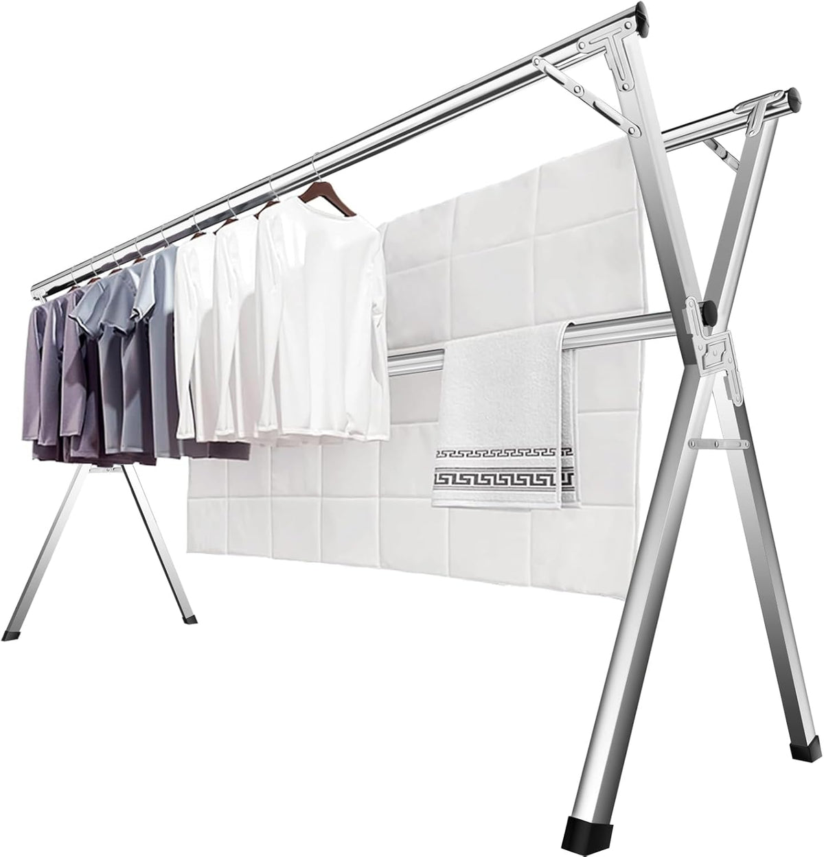 JAUREE 63 Inches Clothes Drying Rack, Drying Rack Clothing Folding Indoor Outdoor, Heavy Duty Stainless Steel Laundry Rack, Foldable Portable Large Clothes Rack Garment Rack with 20 Windproof Hooks