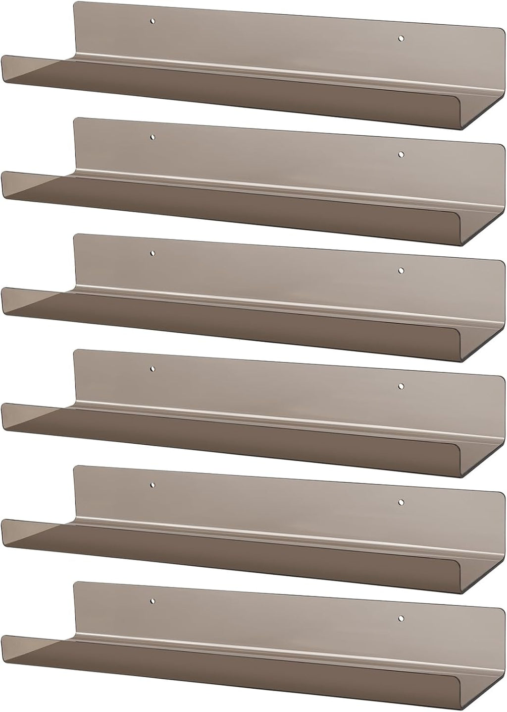Dezzer 6 Pack Acrylic Shelves for Wall, 15" Acrylic Floating Shelves for Bathroom Bedroom, Invisible Bookshelf Wall Ledge Storage Shelf Books Perfume Toys Action Figure Display Shelves, Clear Gray