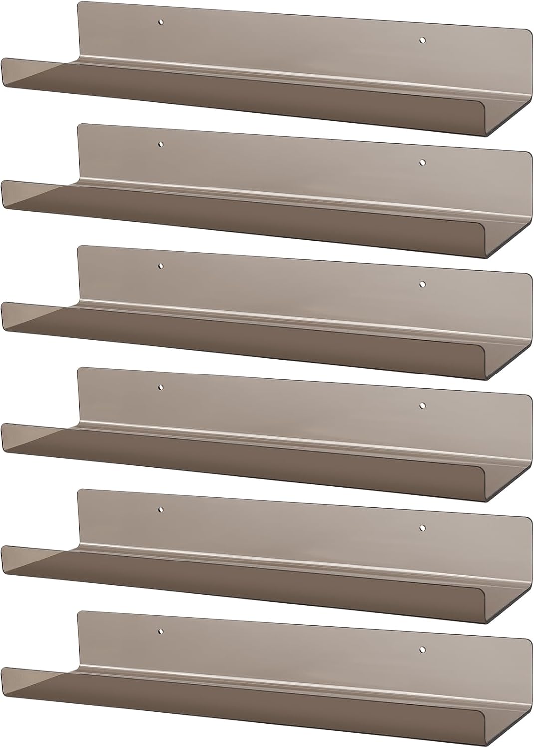 Dezzer 6 Pack Acrylic Shelves for Wall, 15" Acrylic Floating Shelves for Bathroom Bedroom, Invisible Bookshelf Wall Ledge Storage Shelf Books Perfume Toys Action Figure Display Shelves, Clear Gray