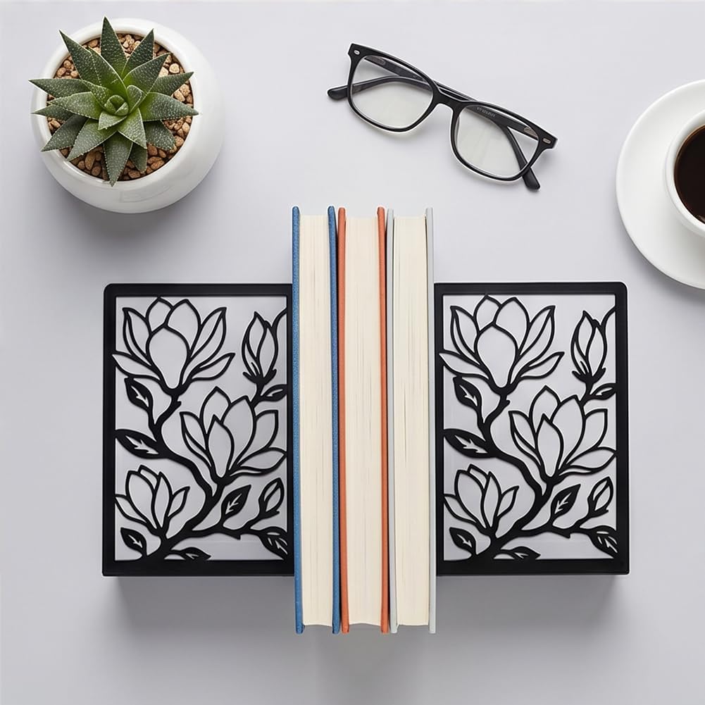 Iron Metal Bookends for Shelves, Magnificent Magnolia Book Ends Decorative Books, Desk Organizer Bookend for Book Display, Non-Slip Bookend for Library Office Home Decor